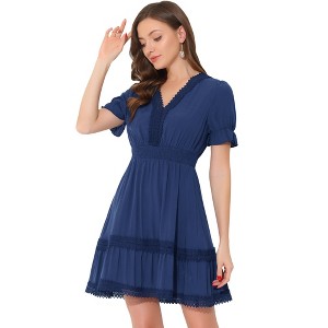 INSPIRE CHIC Women's V Neck Smocked Elastic Waist Short Sleeve Boho Crochet Trim Mini Dress - 1 of 4