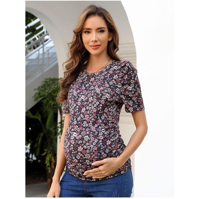 maternity dress Women's Maternity Floral  Puff Sleeve Tunic Blouse