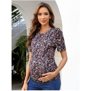 maternity dress Women's Maternity Floral  Puff Sleeve Tunic Blouse - 1 of 4