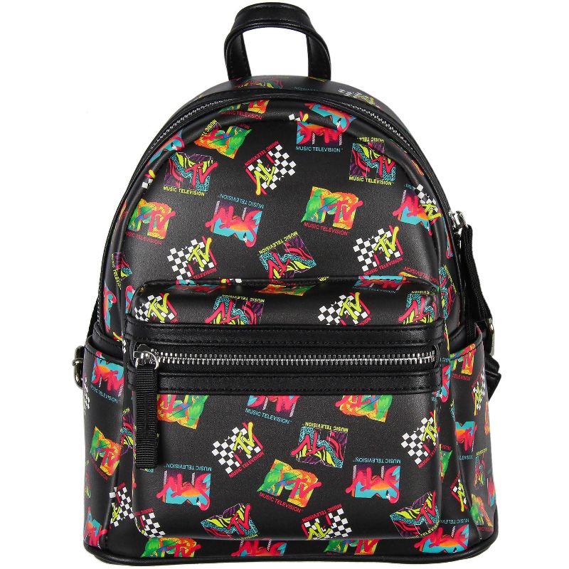 MTV Music Television '80s Logo Tossed Print Zippered Mini Small Backpack Bag Black, 2 of 8