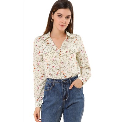 INSPIRE CHIC Women's V-neck Long Sleeve Floral Faux Pocket Blouse