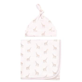 Touched by Nature Baby Organic Cotton Swaddle Blanket and Headband or Cap, Little Giraffe, One Size