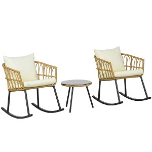 Wicker Outdoor Rocking Chair Set, 3 Piece Patio Bistro Set with 2 Porch Rocker Chairs, Glass Top Coffee Table and Cushions, Patio Conversation Set - 1 of 4