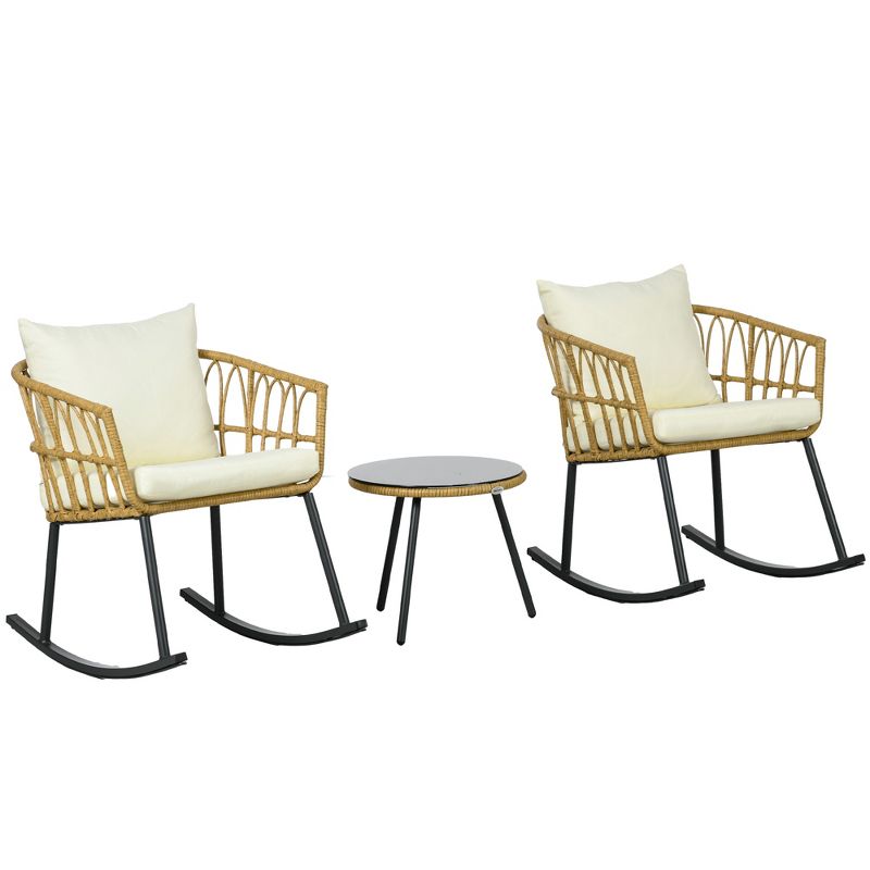 Outsunny Cushioned 3 Piece Patio Rocking Chair Patio Set, Glass Top Coffee Table Wicker Bistro Set, Cream White, 4 of 7