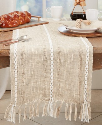 Beige Cotton Striped Table Runner with Decorative Fringe