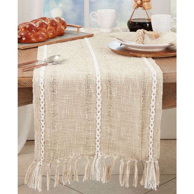 Saro Lifestyle Woven Delight Striped Table Runner with Decorative Fringe, 16"x72", Beige, 3 of 4