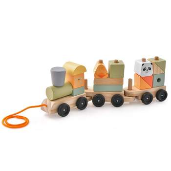 Costway Kids Wooden Train Set Toddler 3-Section Toy Train with Stackable Building Blocks