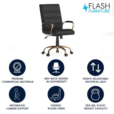 Mid-Back Black LeatherSoft Executive Swivel Office Chair with Gold Frame