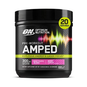 Optimum Nutrition, Pre-Workout Amped Powder, Berry Fusion, High Stim, Sugar-Free, Caffeine, 20 Servings - 1 of 4