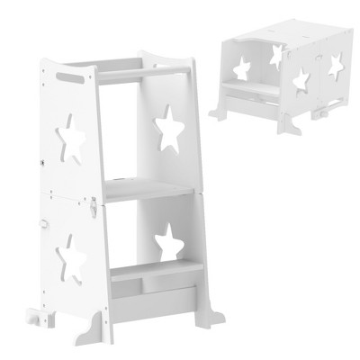 Qaba Toddler Tower, Toddler Step Stool, 2 in 1 Toddler Kitchen Stool Helper with Safety Rail for Bathroom, Sink, Kitchen or Counter