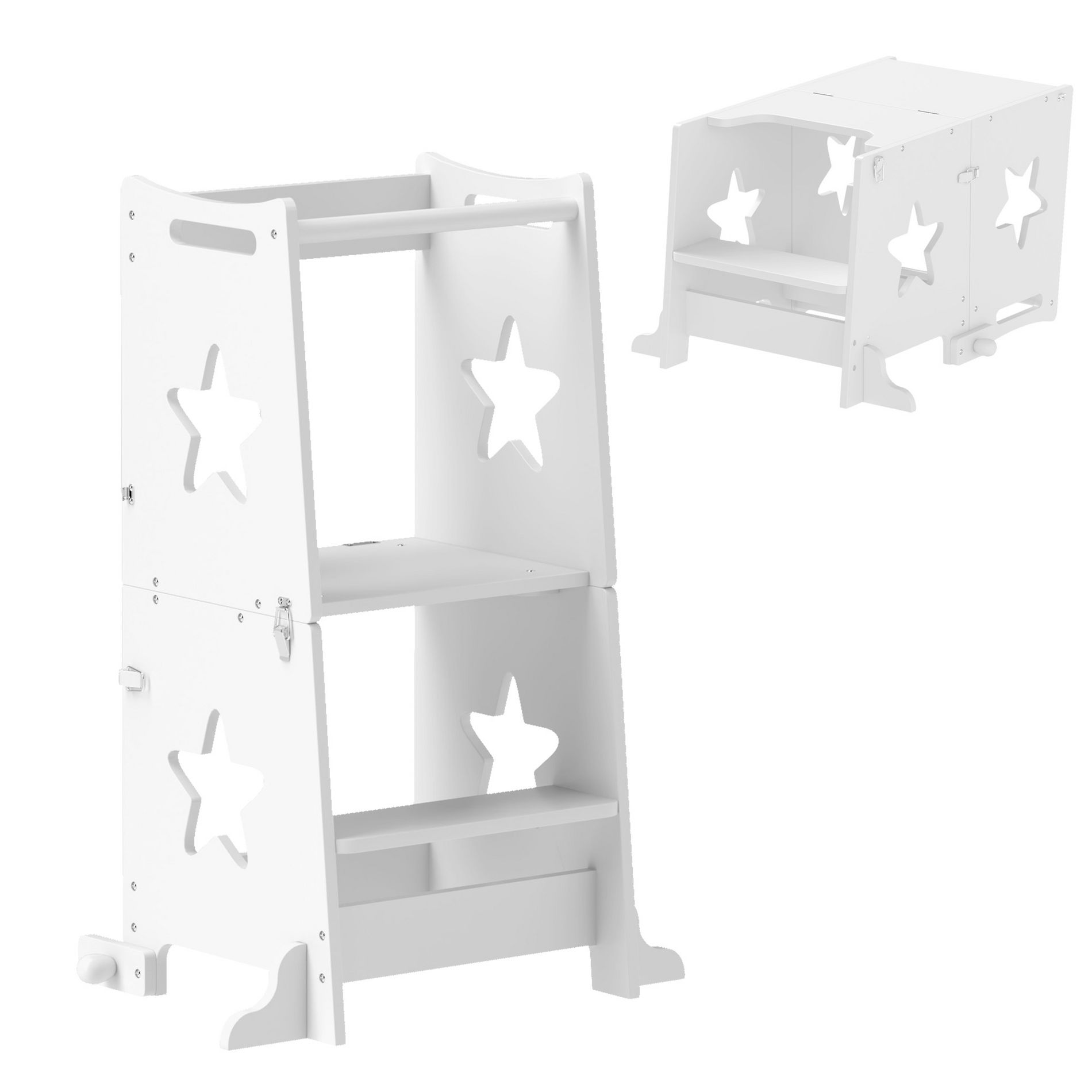 Qaba Toddler Tower, Toddler Step Stool, 2 in 1 Toddler Kitchen Stool Helper with Safety Rail for Bathroom, Sink, Kitchen or Counter, White