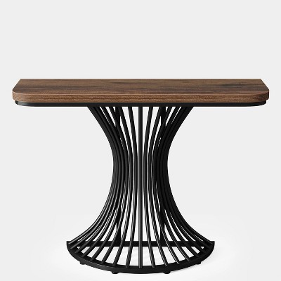 Rustic Brown Wood and Black Metal Demilune Console Table with Storage