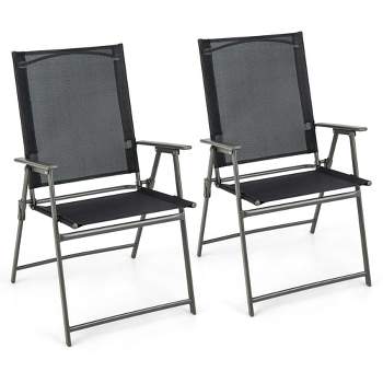Costway 2pcs Patio Folding Portable Dining Chairs Metal Frame Armrests Garden Outdoor