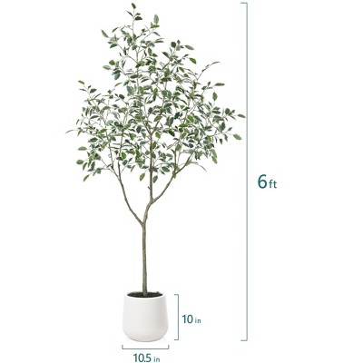 DR.Planzen 6FT Artificial Ficus Tree with Oval White Planter, Pre Potted Faux Plant with white side leaves for Home Decor