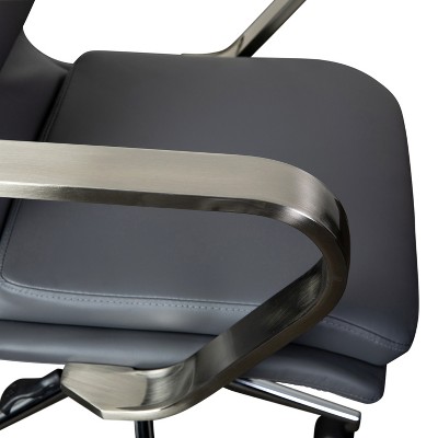Modern Gray Leather Swivel Executive Office Chair with Brushed Chrome Base