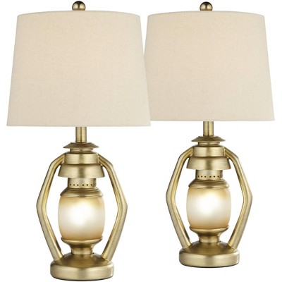 Franklin Iron Works Traditional Table Lamps with Night Light 25 1/4" High Set of 2 Miner Lantern Gold Oatmeal Shade for Living Room Bedroom Home