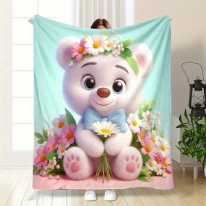 Lomsoe Vintage Floral Polar Bear Print Flannel Blanket - All Seasons Soft and Warm Throw Blanket for Bed, Napping, Camping, Travel, Office - 1 of 4