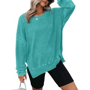 Women's Oversized Sweatshirts Casual Crewneck Long Sleeve Side Slit Waffle Knit Pullover Sweatshirt Tops - 1 of 4
