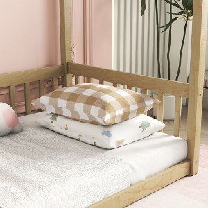 Okak Twin/Full Size Bed Frame with Canopy-Style Top & Guardrails, Modern Floor Bed with Fence for Toddlers/Kids Bedroom - 1 of 4