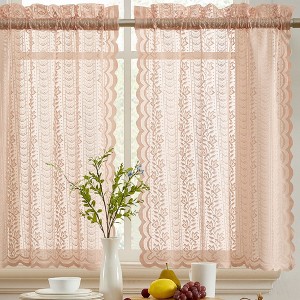 HLC.ME Sophia Floral Rod Pocket Lace Semi Sheer Voile Short Cafe Tiers - Set of 2 - 1 of 4