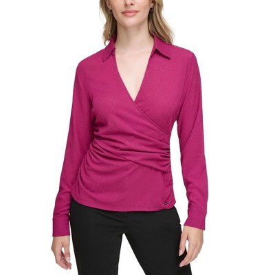 Calvin Klein Womens Long Sleeve Faux Wrap Knit Blouse
