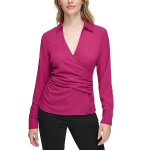 Calvin Klein Womens Long Sleeve Faux Wrap Knit Blouse - 1 of 1