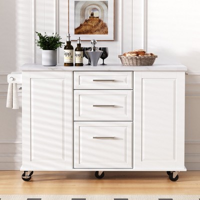 50.7" Kitchen Island with Tilt Trash Can & Pull-Out Organizer, Rolling Cart with Drop Leaf, 2 Drawers & 5 Wheels - ModernLuxe