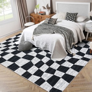 Washable Modern Checkered Area Rug | Stain Resistant Soft Geometric Throw Rug | Non-Slip Low Pile Accent Carpet for Living Room, Dining, Nursery - 1 of 4