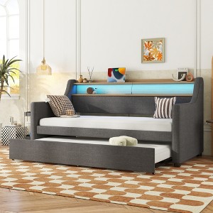 KWPZQEB Twin Size Upholstered Daybed, Sofa Bed with Charging Station, Button Tufted Storage Backrest & Arms for Bedroom, Guest Room - 1 of 4