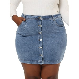 Agnes Orinda Women's Plus Size Denim Button Side Pocket Casual Jean A-Line Mini Skirt - 1 of 4