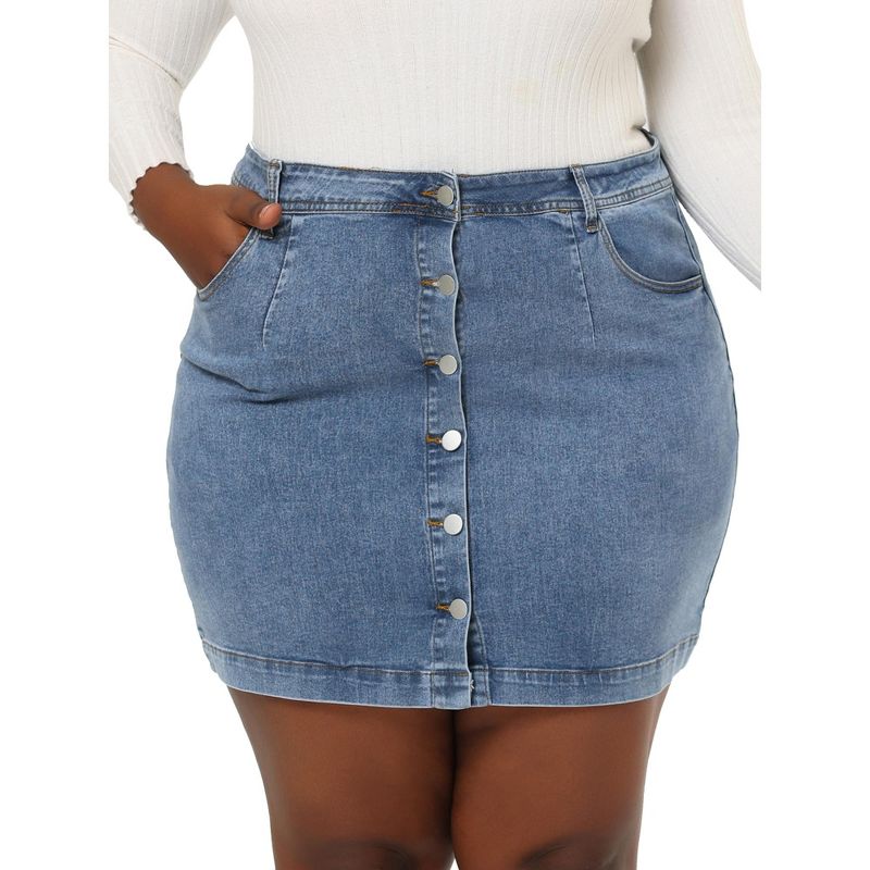 Agnes Orinda Women's Plus Size Denim Button Side Pocket Casual Jean A-Line Mini Skirt, 1 of 7