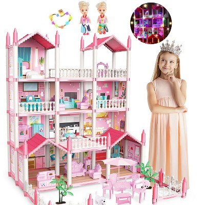Skirfy Doll House for Girls 14 Rooms Playhouse with 2 Dolls Toy Figures, Princess Dollhouse with Furniture & Rooms Accessories & Slide and Lights,Pink