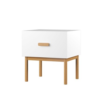 Vynxaria Modern 1-Drawer Nightstand - White, Wood Legs/Handle, MDF & Solid Pine, Minimalist, Bedroom/Living Room/Apartment Use