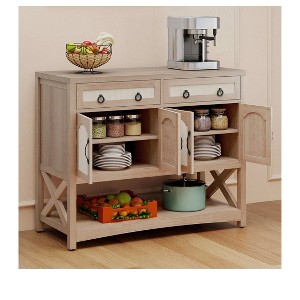 Farmhouse Rattan Buffet Sideboard Cabinet with 2 Drawers & 4 Doors with Adjustable Shelves for Kitchen Dining Room Living Room Storage, Oak - 1 of 4