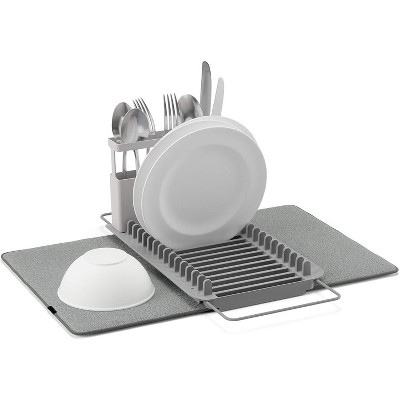 BRINJOY Rack and Microfiber Dish Drying Mat-Space-Saving Lightweight Design Folds Up for Easy Storage, Over The Sink, Charcoal