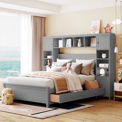 Full Size Wooden Bed With All-in-One Cabinet and Shelf Gray
