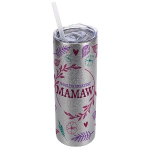 Elanze Designs Floral Silvertone Sparkle 20 Ounce Double Wall Stainless Steel Glitter Travel Tumbler With Sliding Lid And Straw, World's Greatest - 1 of 4