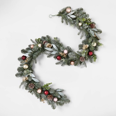 6' Unlit Blue Green Mix Greenery Artificial Pine Christmas Garland with Gold, Blush & Burgundy Ornaments - Wondershop™