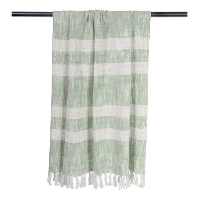 Mint and White Cotton Striped Throw Blanket with Fringe