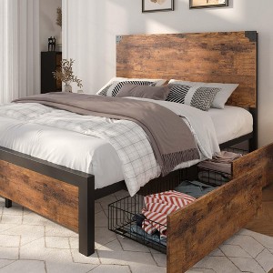Full Size Bed Frame with Storage Drawers - Heavy Duty Metal Platform, Wooden Headboard, No Box Spring Needed, Vintage Brown - 1 of 4
