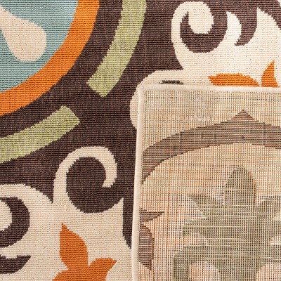 Cream and Terracotta Floral Indoor/Outdoor Washable Rug, 6'7" x 9'6"