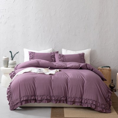 Ruffle Duvet Cover Set – Pleated Shabby Chic Bedding with Pillowcases, Soft Washed Microfiber, Elegant Boho Farmhouse Style