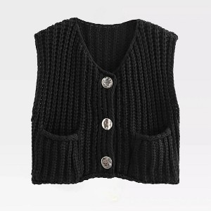 Women's Chunky Knit Sweater Vest with Front Button Cropped Cardigan Tank Tops and Pocket - 1 of 4
