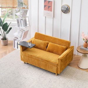 54.13'' Corduroy Pull-Out Sofa with Movable Tabletop, USB Ports and Two Throw Pillows, 2-Seater Convertible Sofa Bed - 1 of 4
