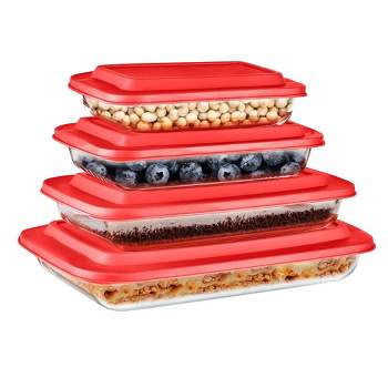 SereneLife Rectangular Glass Food Storage - 4 Sets of High Borosilicate with Lid, Red