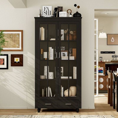 FUFU&GAGA Glass-Door Display Cabinet with Drawer,Buffet Hutch,Home Office Bookshelf ,Adjustable Shelves, Sturdy & Anti-Tip Design