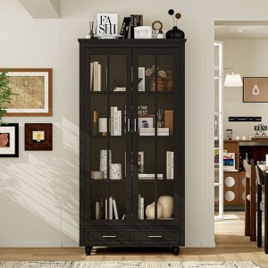 FUFU&GAGA Glass-Door Display Cabinet with Drawer,Buffet Hutch,Home Office Bookshelf ,Adjustable Shelves, Sturdy & Anti-Tip Design - 1 of 4