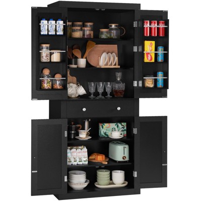 USIKEY Pantry Storage Cabinet with 4 Doors and 1 Drawer, Cupboard with 6 Hanging Shelves and Adjustable Shelves for Kitchen, Dining Room