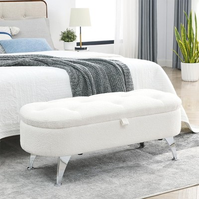 Storage Ottoman Bench with Metal Legs Safety Hinge Storage Chest Foot Rest Stool with Storage for Living Room Hallway Ivory White