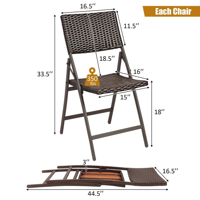 Costway Set of 2 Patio Rattan Folding Dining Chairs Portable Garden Yard Brown, 2 of 11